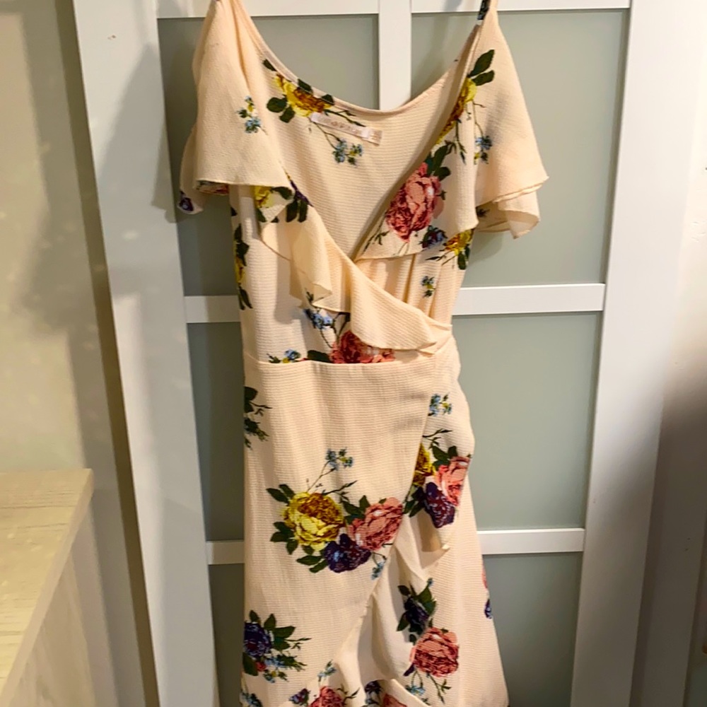 Tie wrap sheer blush floral print strap dress
